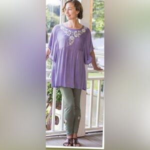 April Cornell Johanna Boho Embroidered Lavender Blouse Small